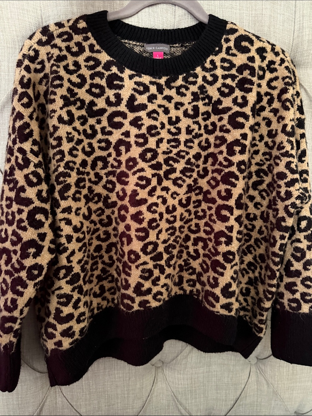 Vince Camuto Leopard-Print Crewneck Sweater in Tan, Black
